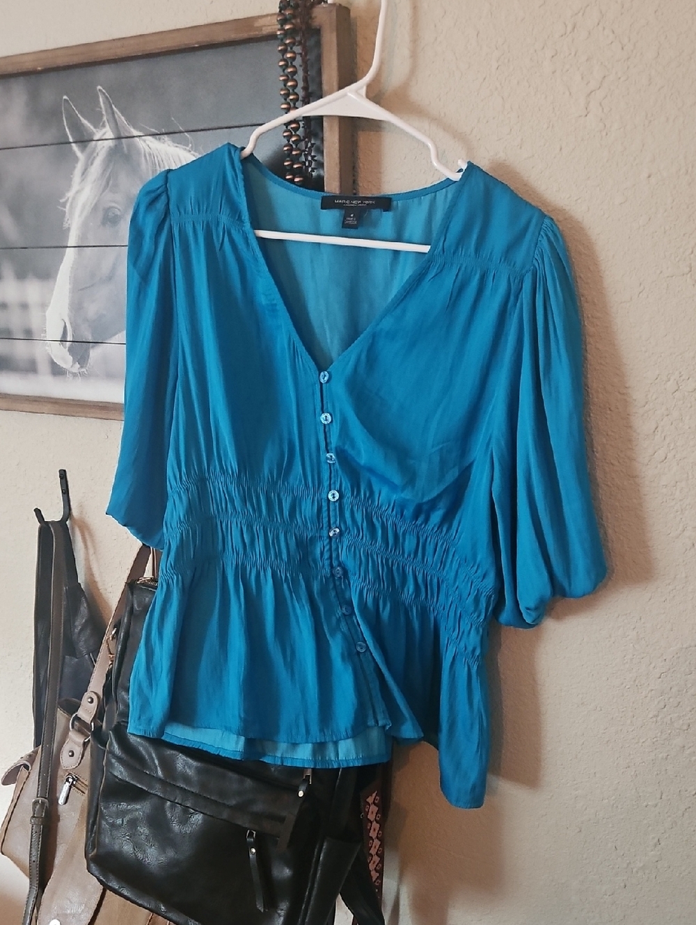MARC NEW YORK Bright Turquoise Buttoned Peplum Blouse